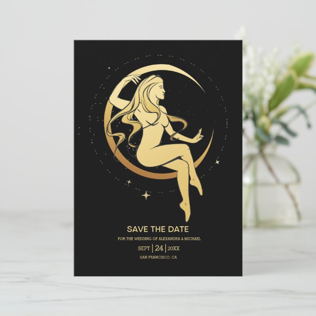 Mystical Black Gold Celestial Stars Wedding  Save  Save The Date (Standing Front)