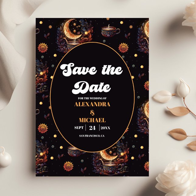 Mystical Black Gold Celestial Stars Wedding Save The Date (Creator Uploaded)