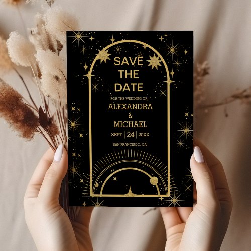 Mystical Black Gold Celestial Stars Wedding  Save The Date