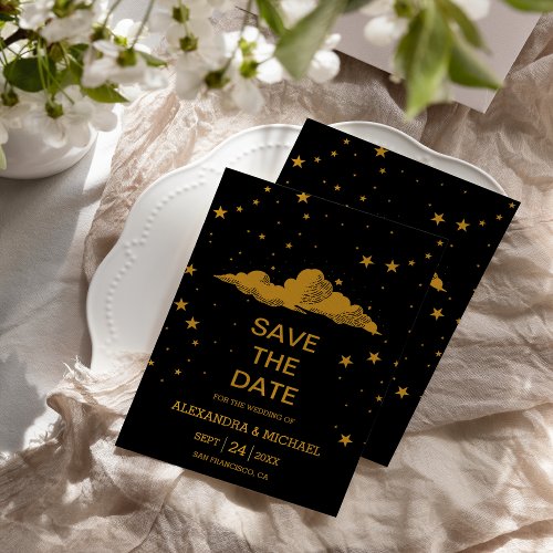 Mystical Black Gold Celestial Stars Wedding  Save The Date