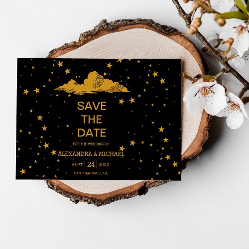 Mystical Black Gold Celestial Stars Wedding  Save The Date