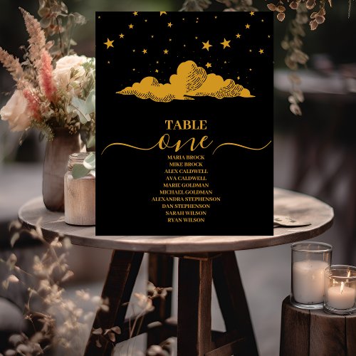 Mystical Black Gold Celestial Stars Wedding  Table Number