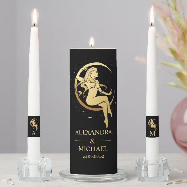 Mystical Black Gold Celestial Stars Wedding  Unity Candle Set (In Situ)