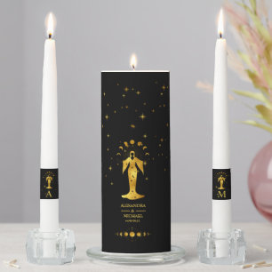 Mystical Black Gold Celestial Stars Wedding Unity Candle Set