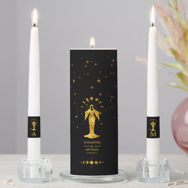 Mystical Black Gold Celestial Stars Wedding  Unity Candle Set (In Situ)