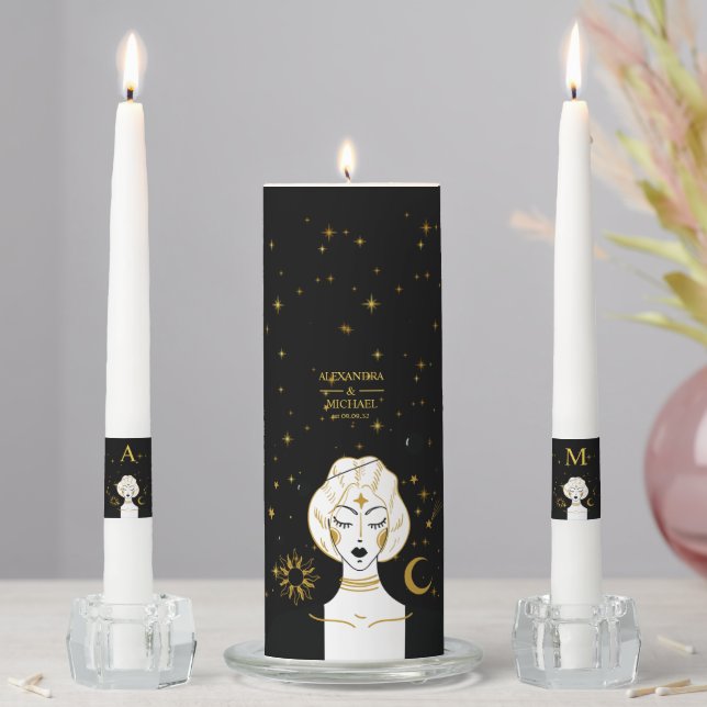 Mystical Black Gold Celestial Sun Wedding Unity Ca Candle Set (In Situ)