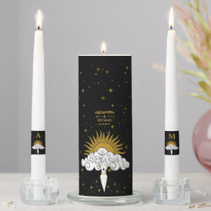 Mystical Black Gold Celestial Sun Wedding Unity Candle Set