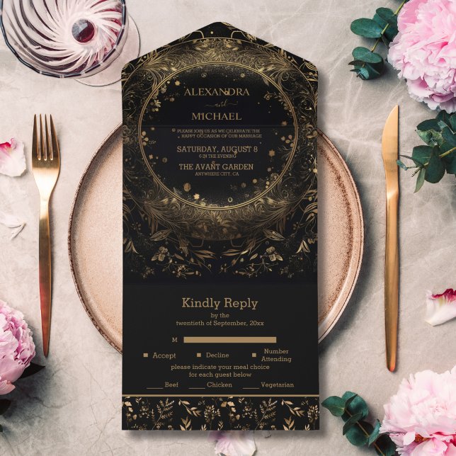 Mystical Black Gold Celestial Wedding  All In One Invitation (Creator Uploaded)