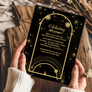 Mystical Black Gold Celestial Wedding Anniversary Invitation