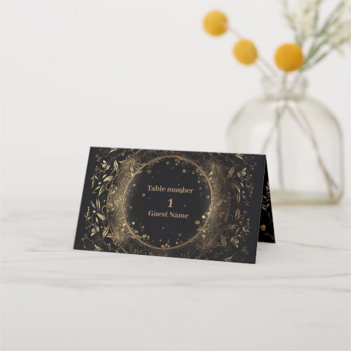 Mystical Black Gold Celestial Wedding  Place Card