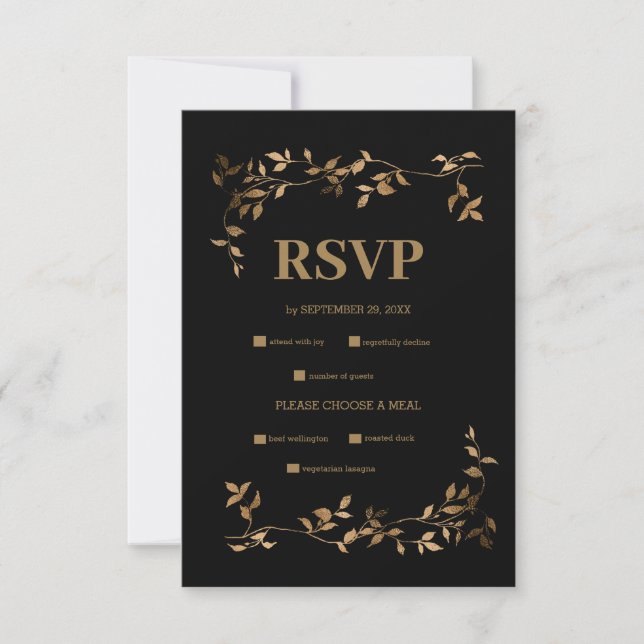 Mystical Black Gold Celestial  Wedding  RSVP Card (Front)