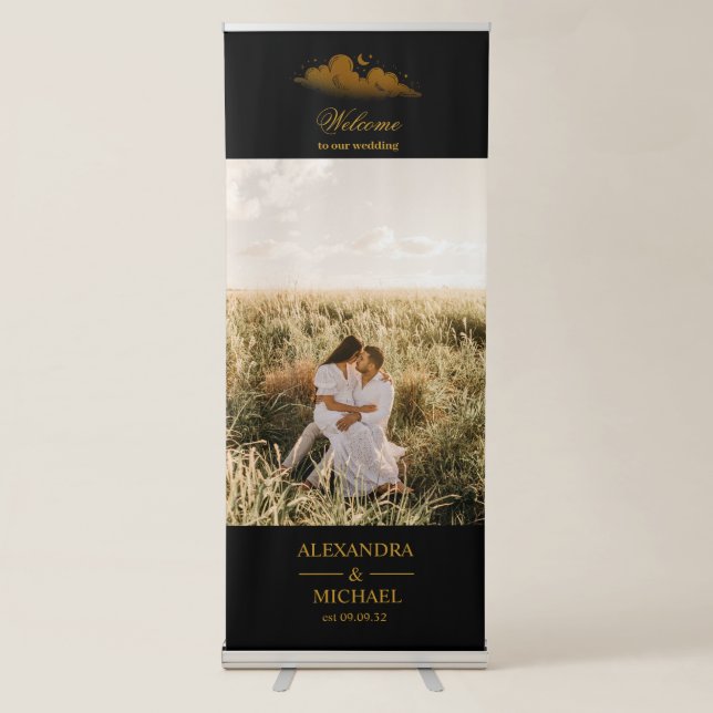 Mystical Black Gold Clouds Moon Wedding Retractable Banner (Front)