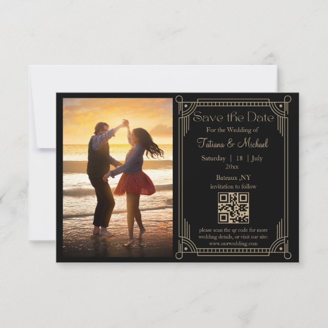  mystical black gold qr code photo save the date  announcement (Front)
