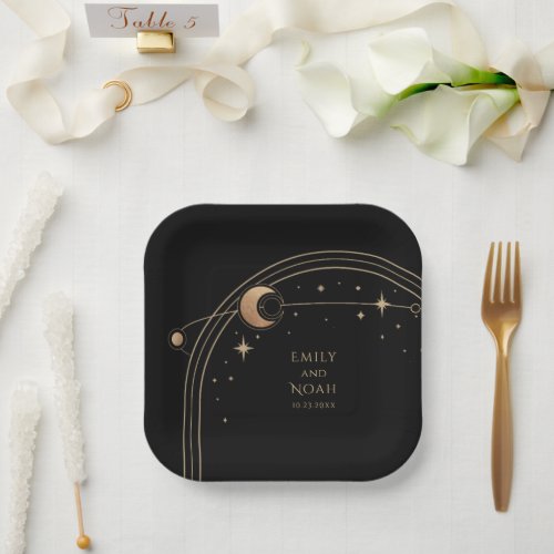 Mystical Black Gold Sun Moon Astronomy Space Paper Plates
