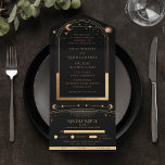 Mystical Black Gold Sun Moon Astronomy Wedding All In One Invitation<br><div class="desc">Mystical Black Gold Sun Moon Astronomy Wedding All In One Invitation features a golden sun, moon and stars with a gold frame on a black background. Inside is your custom wedding invitation information. Below is the removable RSVP card with three meal choice options for you guests to remove and return....</div>