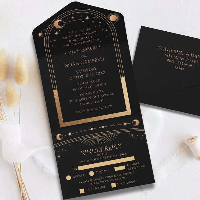 Mystical Black Gold Sun Moon Astronomy Wedding All In One Invitation (Creator Uploaded)