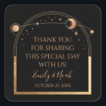 Mystical Black Gold Sun Moon Astronomy Wedding Square Sticker<br><div class="desc">Mystical Black Gold Sun Moon Astronomy Wedding Stickers features gold sun, moon and stars with a golden frame on a black background. Personalized with a "Thank You" message. Perfect for wedding favors, sealing envelopes and party favors. Personalize by editing the text in the text boxesprovided. Designed for you by Evco...</div>