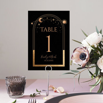 Mystical Black Gold Sun Moon Astronomy Wedding Table Number by EvcoStudio at Zazzle