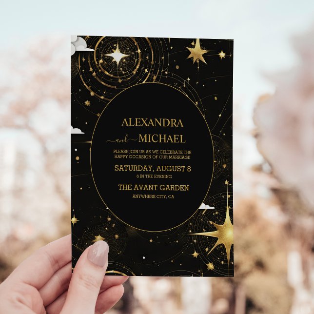 Mystical Black Gold Sun Moon Celestial Wedding Invitation (Creator Uploaded)