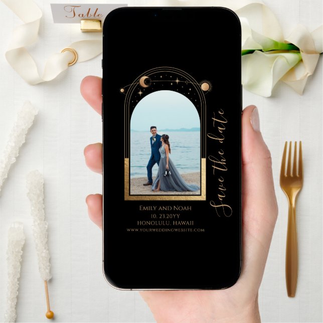 Mystical Black Gold Sun Moon Star Space Save The Date (Front Digital)