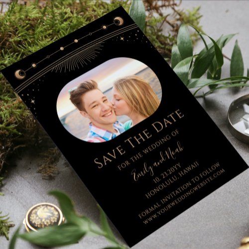 Mystical Black Gold Sun Moon Star Space Save The Date