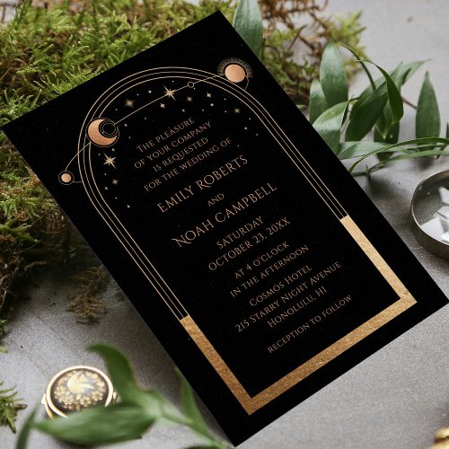 Mystical Black Gold Sun Moon Stars Photo Wedding Invitation