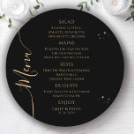 Mystical Black Gold Sun Moon Stars Space Wedding Menu<br><div class="desc">Mystical Black Gold Sun Moon Stars Space Wedding Menu Cards features simple gold stars on a black background with your menu details in the center in modern gold calligraphy script. Personalize by editing the text in the text boxes provided. Designed by Evco Studio www.zazzle.com/store/evcostudio</div>
