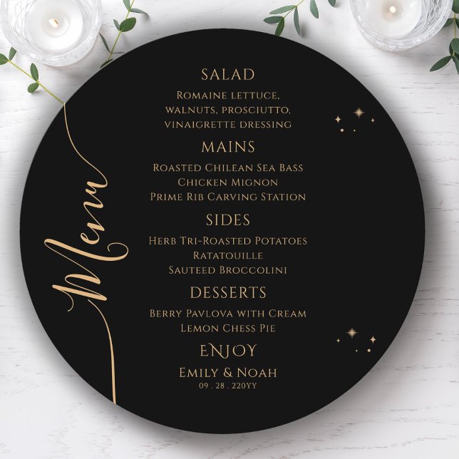 Mystical Black Gold Sun Moon Stars Space Wedding Menu (Creator Uploaded)