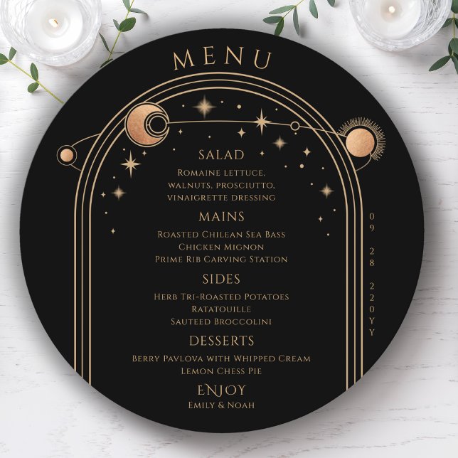 Mystical Black Gold Sun Moon Stars Space Wedding Menu (Creator Uploaded)