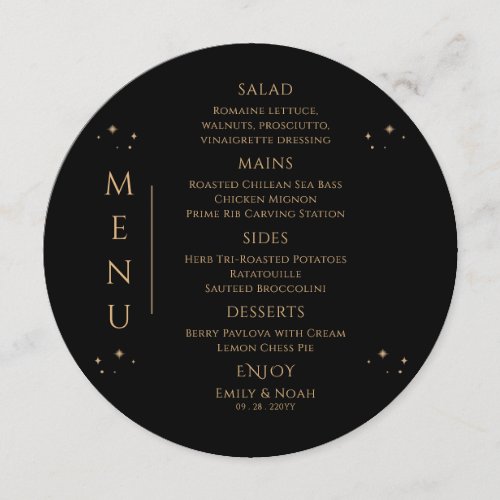 Mystical Black Gold Sun Moon Stars Space Wedding Menu