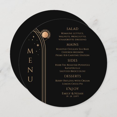 Mystical Black Gold Sun Moon Stars Space Wedding Menu