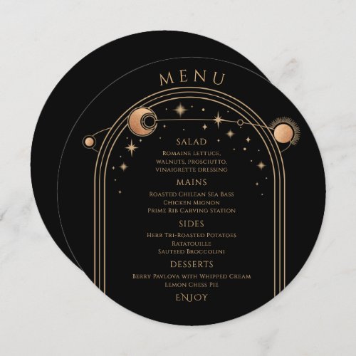 Mystical Black Gold Sun Moon Stars Space Wedding Menu