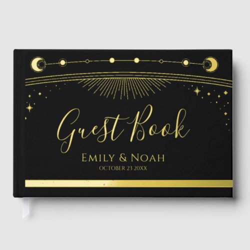 Mystical Black Gold Sun Moon Stars Wedding Foil Guest Book