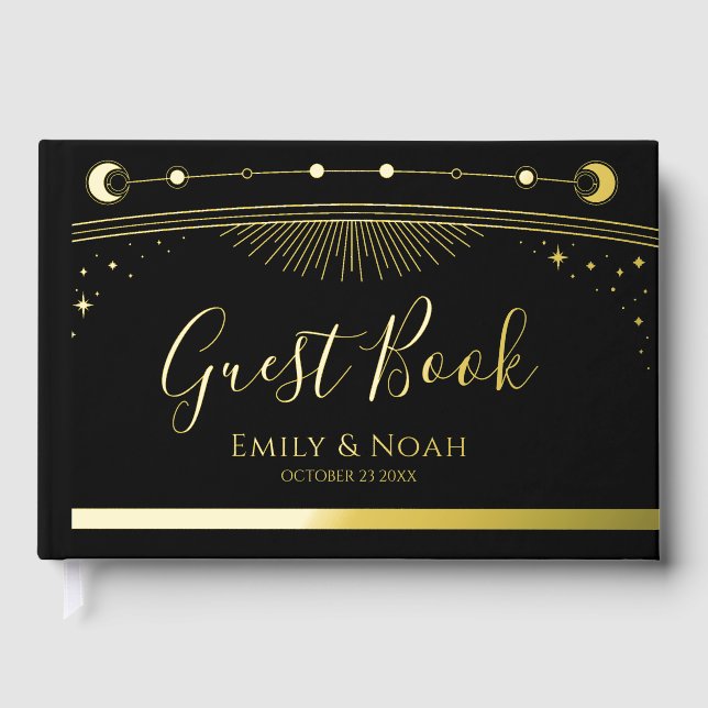 Mystical Black Gold Sun Moon Stars Wedding Foil Guest Book (Front)