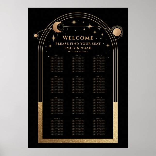 Mystical Black Gold Sun Moon Stars Wedding Poster (Front)