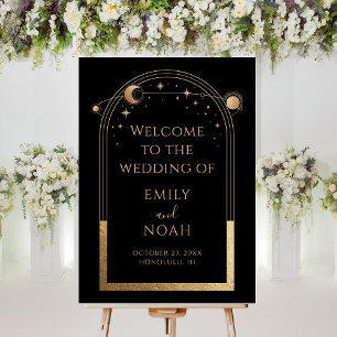 Mystical Black Gold Sun Moon Stars Welcome Sign