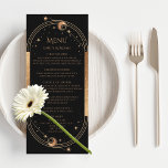 Mystical Black Gold Sun Moon Wedding Menu Cards<br><div class="desc">Mystical Black Gold Sun Moon Stars Wedding Menu Cards features a golden sun,  moon and stars on a black background with your menu details in the center in modern gold calligraphy script. Personalize by editing the text in the text boxes provided. Designed for you by Evco Studio www.zazzle.com/store/evcostudio</div>