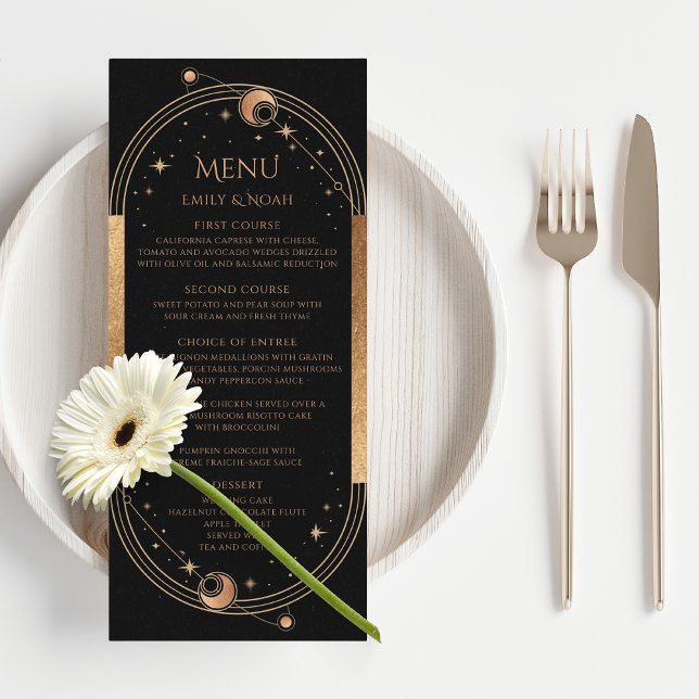 Mystical Black Gold Sun Moon Wedding Menu Cards (Creator Uploaded)