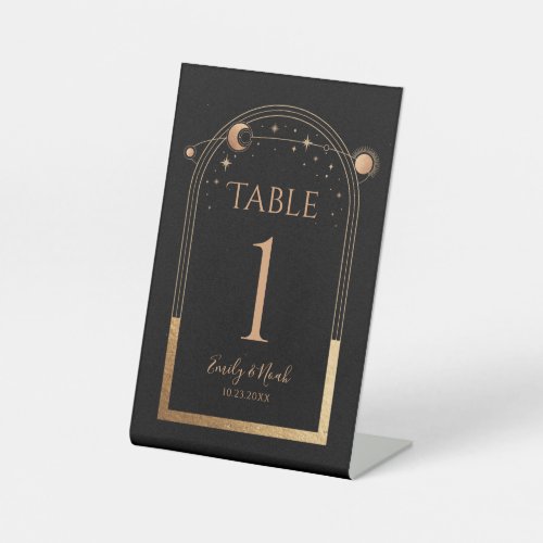 Mystical Black Gold Sun Moon Wedding Table Number Pedestal Sign
