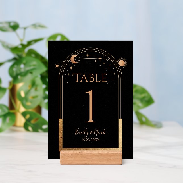 Mystical Black Gold Sun Moon Wedding Table Numbers Holder (Insitu 3 (Back))
