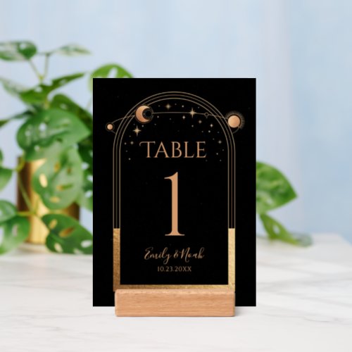 Mystical Black Gold Sun Moon Wedding Table Numbers Holder