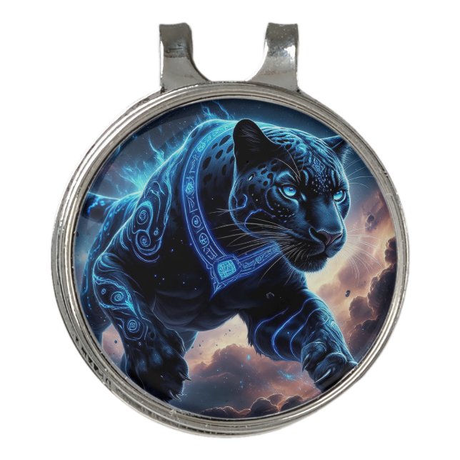 Mystical Black Panther with Glowing Patterns Golf Hat Clip (Front)