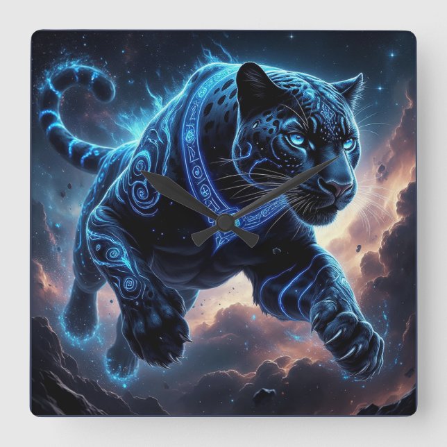 Mystical Black Panther with Glowing Patterns Square Wall Clock (Front)