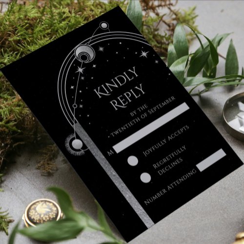 Mystical Black Silver Star Moon Astronomy Wedding RSVP Card