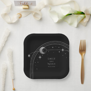 Mystical Black Silver Sun Moon Astronomy Space Paper Plates