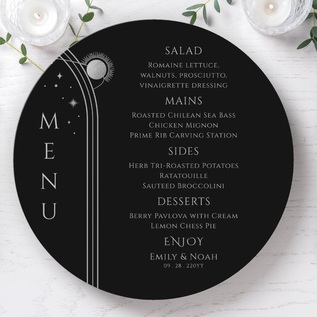 Mystical Black Silver Sun Moon Space Wedding Menu (Creator Uploaded)