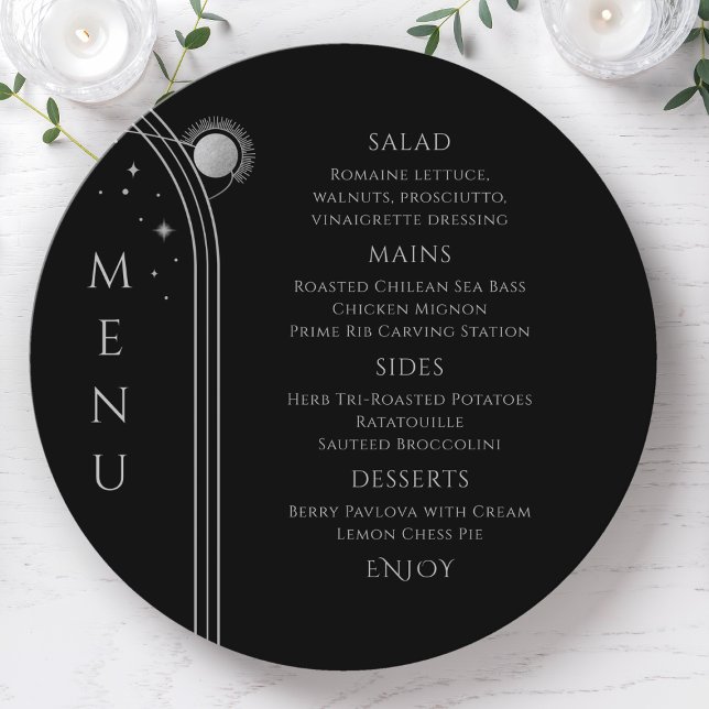 Mystical Black Silver Sun Moon Space Wedding Menu (Creator Uploaded)