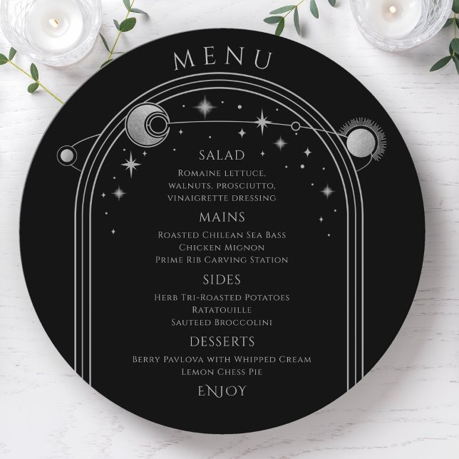 Mystical Black Silver Sun Moon Space Wedding Menu (Creator Uploaded)