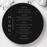 Mystical Black Silver Sun Moon Space Wedding Menu<br><div class="desc">Mystical Black Silver Sun Moon Stars Space Wedding Menu Cards features simple silver stars on a black background with your menu details in the center in modern silver calligraphy script. Personalize by editing the text in the text boxes provided. Designed by ©2022 Evco Studio www.zazzle.com/store/evcostudio</div>