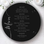 Mystical Black Silver Sun Moon Space Wedding Menu<br><div class="desc">Mystical Black Silver Sun Moon Stars Space Wedding Menu Cards features simple silver stars on a black background with your menu details in the center in modern pink calligraphy script. Personalize by editing the text in the text boxes provided. Designed by ©2022 Evco Studio www.zazzle.com/store/evcostudio</div>